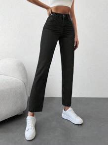 RueChic High Waisted Straight Leg Jeans - Black - View 5