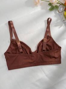 Plus Size Casual Brown Fabric Bra Medium Stretch Comfortable Daily Wear Lingerie Plain Backless Style - Brown - View 2