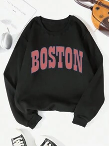 SHEIN EZwear 字母圖案加絨內裏運動衫 - 黑色 - 查看 1