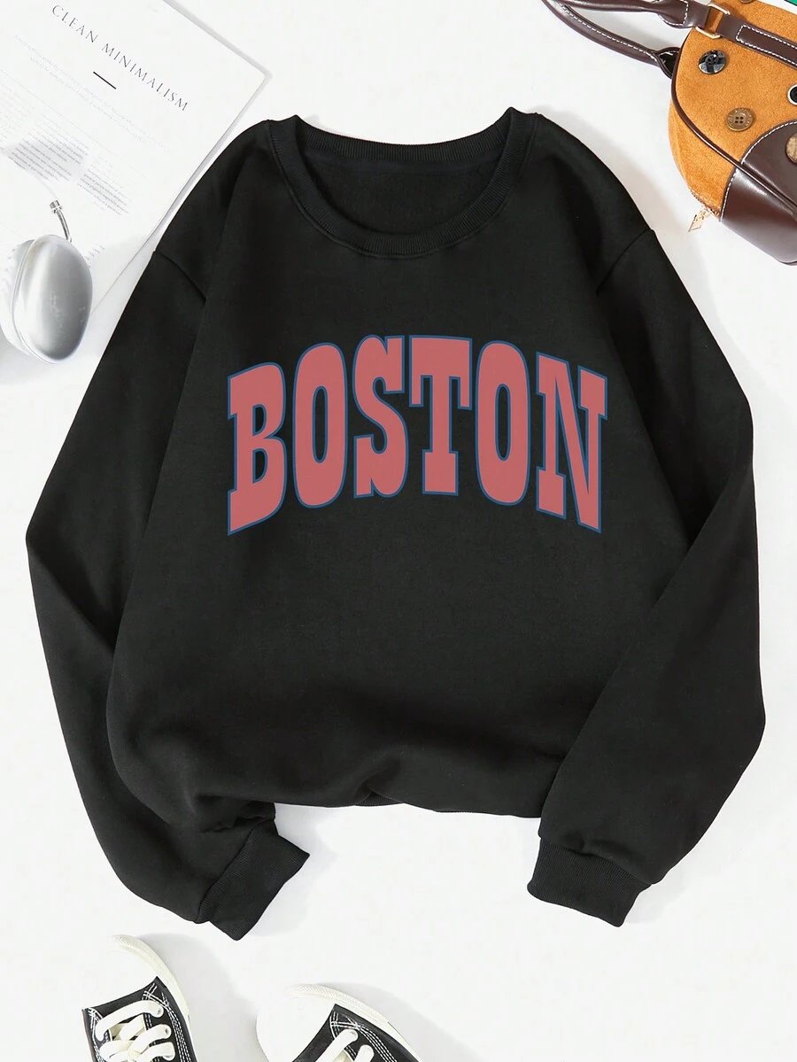 SHEIN EZwear 字母圖案加絨內裏運動衫 - 黑色 - 查看 1