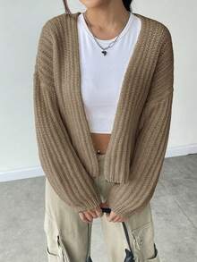 SHEIN Qutie Áo Cardigan thiết kế giản dị thả vai - Màu Khaki - Xem 5