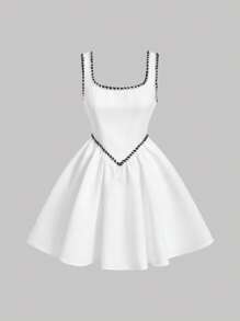 SHEIN MOD 女式滾邊方領連身裙 - 白色 - 查看 1