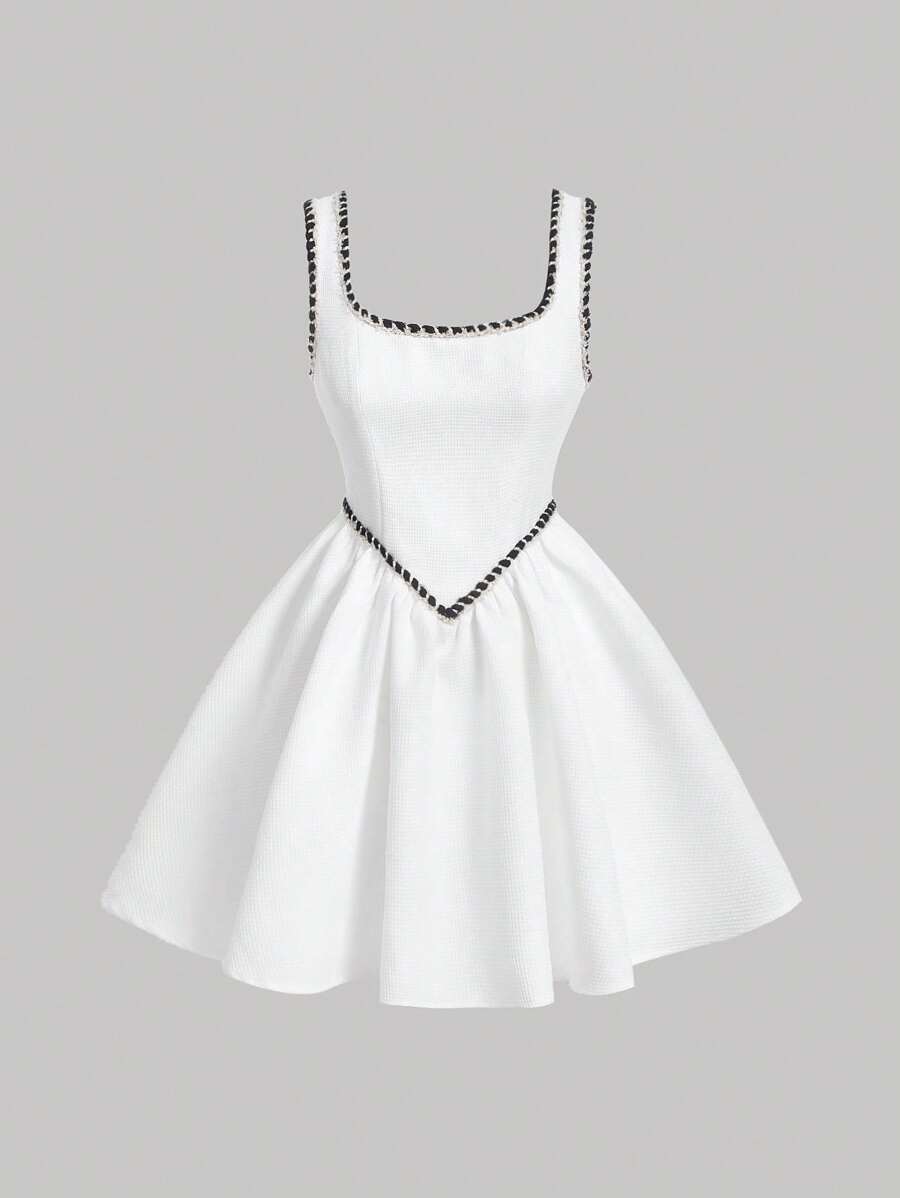 SHEIN MOD 女式滾邊方領連身裙 - 白色 - 查看 1