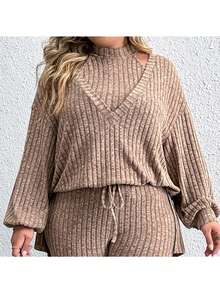 Calvaya Plus Cut Out Neck Drop Shoulder Split Hem Tee - Brown - View 3