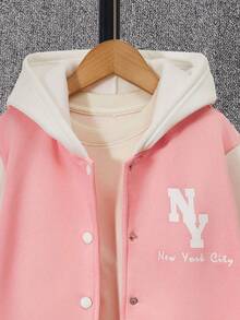 SHEIN 女大童字母圖案雙色連帽夾克和運動褲不帶T恤 - 粉色 - 查看 4