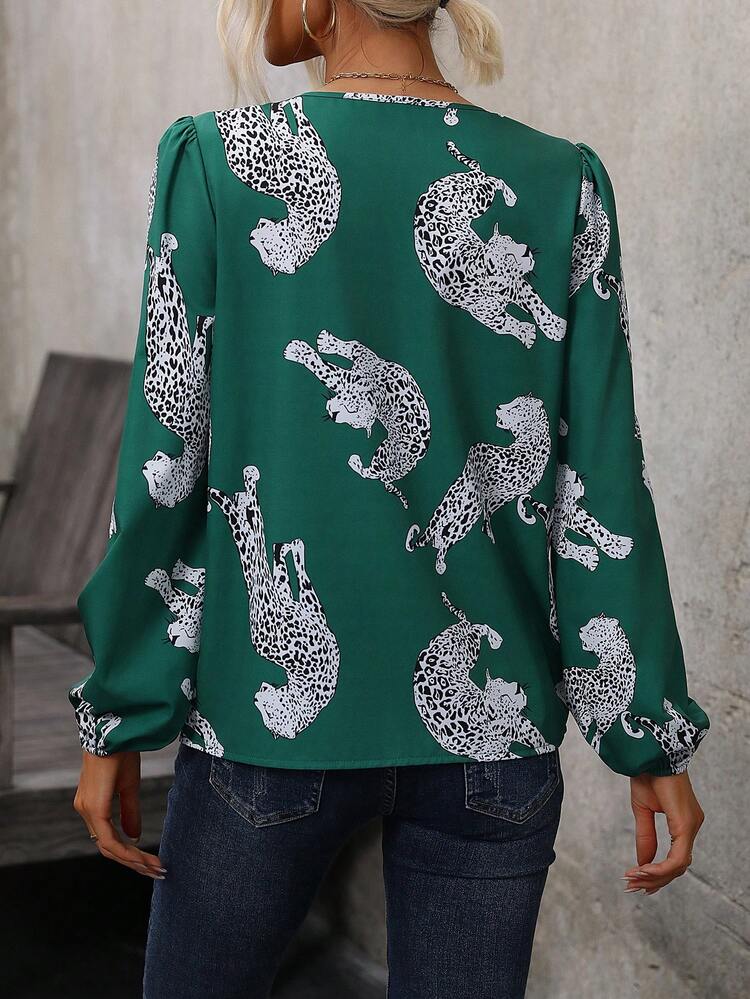 Leopard Print Notched Neckline Lantern Sleeve Blouse