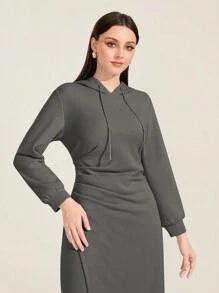Seusyu Chất rắn Dây rút Đàm áo cánh có mũ - Màu xám đen - Xem 2
