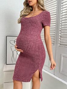 SHEIN 孕婦條紋針織緊身洋裝 - 中紫紅色 - 查看 4