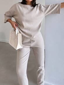 EURMUSE Solid Drop Shoulder Top & Sweatpants - Beige - View 3
