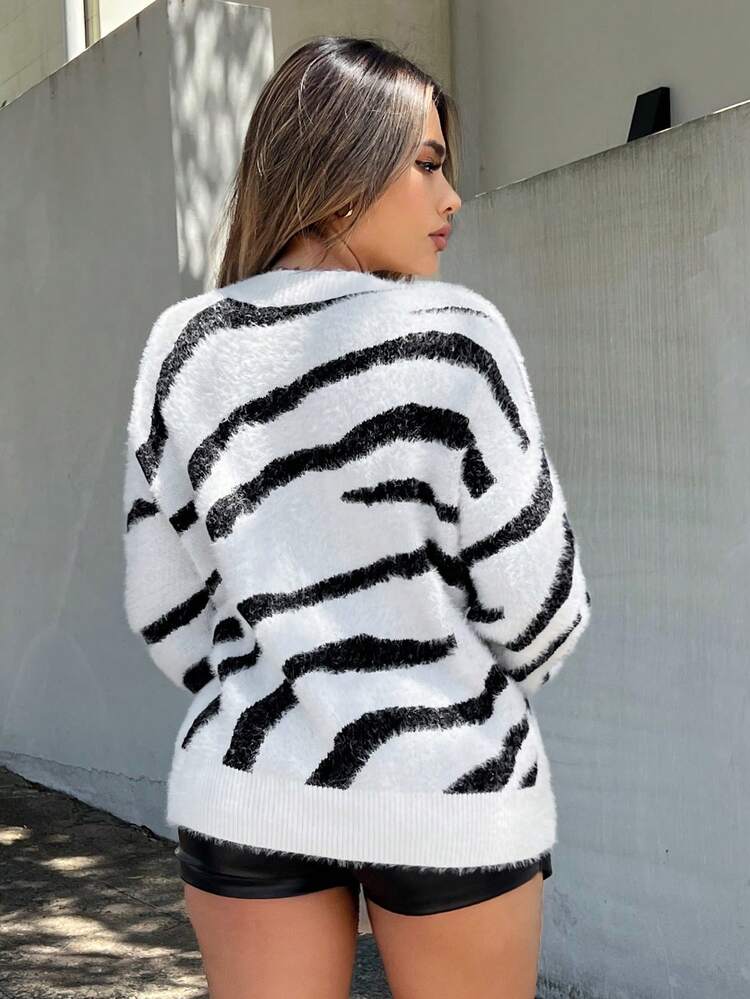 Allover Pattern Fluffy Knit Sweater