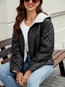 SHEIN LUNE Áo khoác có mũ trùm đầu có lót bông chần bông có khóa kéo Quần áo mùa đông - màu đen - Xem 4