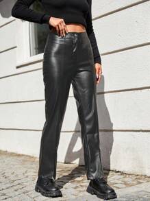 EURMUSE Split Hem PU Leather Pants - Black - View 7