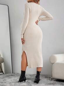 SHEIN Solid Color Maternity Wrap Cross Ribbed Textured Dress - Khaki - View 2