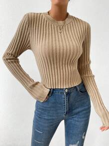SHEIN LUNE Suéter de punto acanalado de punto sólido para otoño e invierno - Caqui - Ver 4