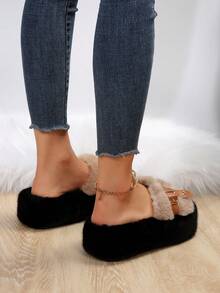 女士厚底皮带扣毛绒拖鞋，2023 年新款平底外穿一脚蹬家居拖鞋 - 卡其色 - 查看 7