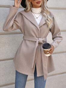 SHEIN LUNE Waterfall Collar Belted Overcoat - Mocha Brown - View 1