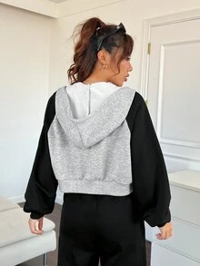 SHEIN EZwear Women's Color Block Knitted Drawstring Hoodie - Grey - View 2