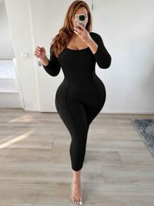 SHEIN SXY 大碼素色彈力緊身連體褲 - 黑色 - 查看 4