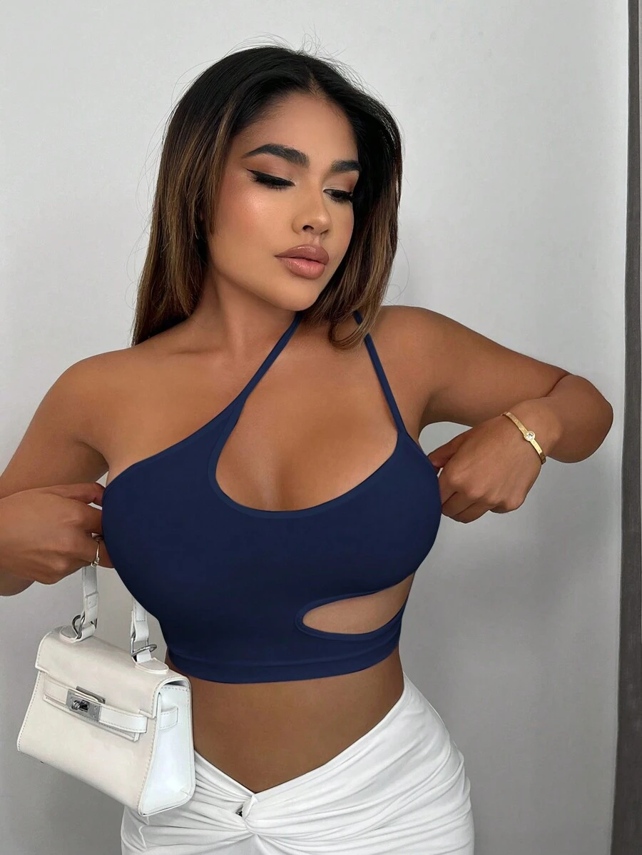SHEIN SXY Một bờ vai Cắt ra Top Cây trồng - Màu xanh hải quân - Xem 1