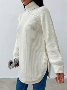 EURMUSE Turtleneck Raglan Sleeve Curved Hem Sweater - White - View 5