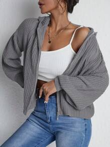 EURMUSE Drop Shoulder Zip Up Hooded Cardigan - Light Grey - View 3