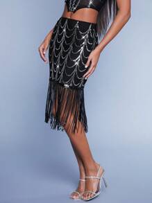 Hauture Fringe Hem Sequin Pattern Skirt