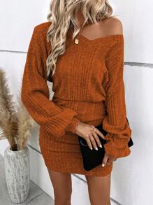 SHEIN Clasi Chất rắn Thả vai Xù Váy bodycon - màu nâu - Xem 3