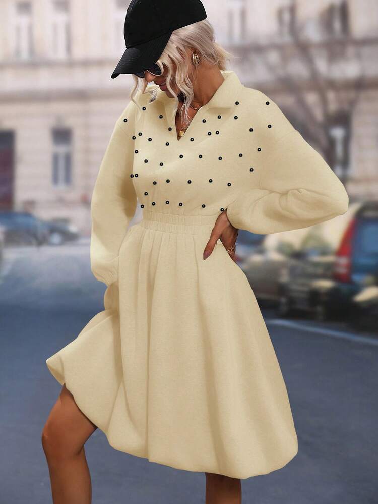 Pearls Beaded Drop Shoulder Sweatshirt Dress Pullover Fall Outfit