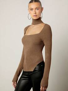 SHEIN Privé Solid Choker Neck Asymmetrical Hem Sweater - Khaki - View 4