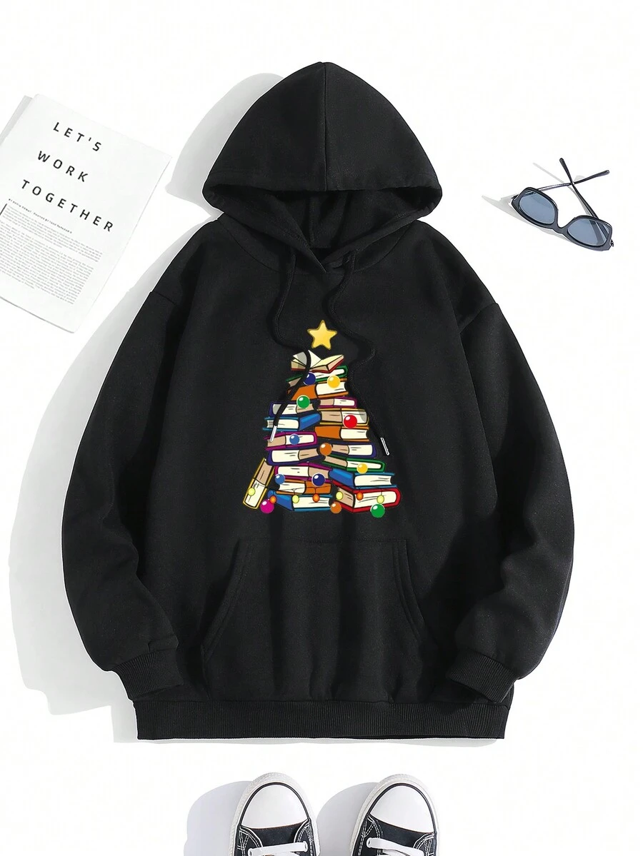 SHEIN EZwear Women's Book And Stars Printed Sweatshirt - Black - View 1