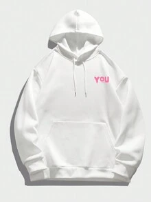 Men Slogan & Skull Print Drop Shoulder Thermal Lined Drawstring Hoodie, For Halloween - White - View 2