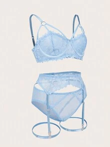 Floral Lace Harness Garter Lingerie Set - Baby Blue - View 3