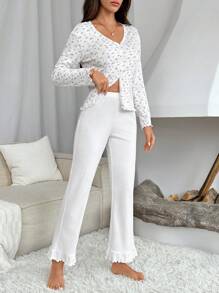 碎花木耳邊荷葉邊睡衣套裝 - 白色 - 查看 4