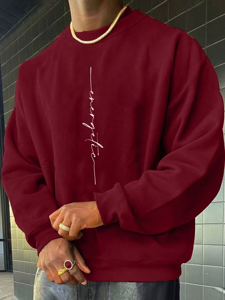 RueChic Men's Letter Printed Drop Shoulder Sweatshirt - Burgundy - View 1