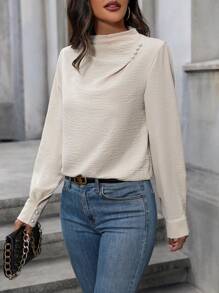 SHEIN Clasi Solid Mock Neck Blouse - Apricot - View 4