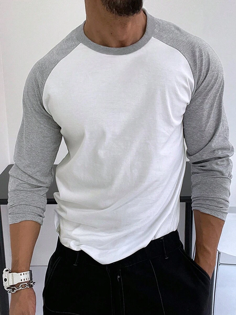 Manfinity Homme 男士秋季拼色插肩袖T恤 - 淺灰色 - 查看 1