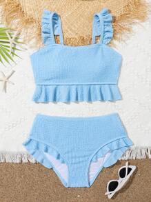 Bikini Estilo Camiseta Para Niñas En Edad Intermedia, De Un Solo Color Con Volantes Y Tela Especial - Azul - Ver 1