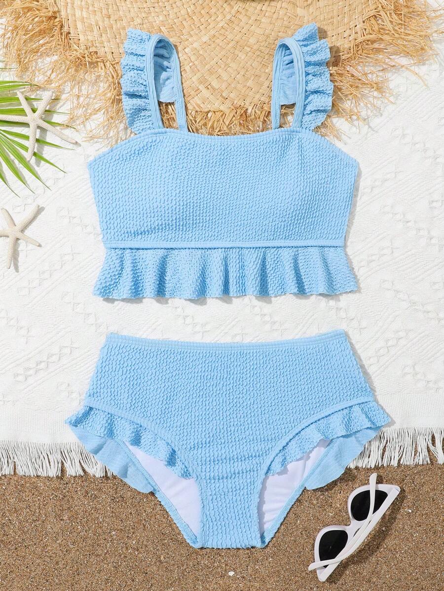 Bikini Estilo Camiseta Para Niñas En Edad Intermedia, De Un Solo Color Con Volantes Y Tela Especial - Azul - Ver 1