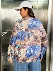 SHEIN EZwear Plus Butterfly Print Drop Shoulder Sweatshirt - Dark Grey - View 2