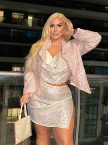 SHEIN SXY Glänzender Anzugjacke Für Große Größen Für Silvesterparty - Babypink - Übersicht 1