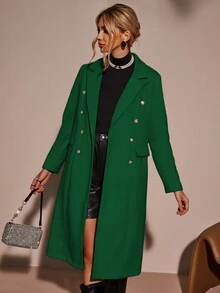 SHEIN Clasi 冬季双排扣纯色大衣 - 綠色 - 查看 5