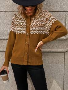 SHEIN LUNE 拼接幾何圖案前紐扣開襟衫 - 駝色 - 查看 7