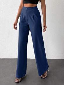 EURMUSE Straight High Waisted Straight Suit Pants With Slant Pockets - Navy Blue - View 1