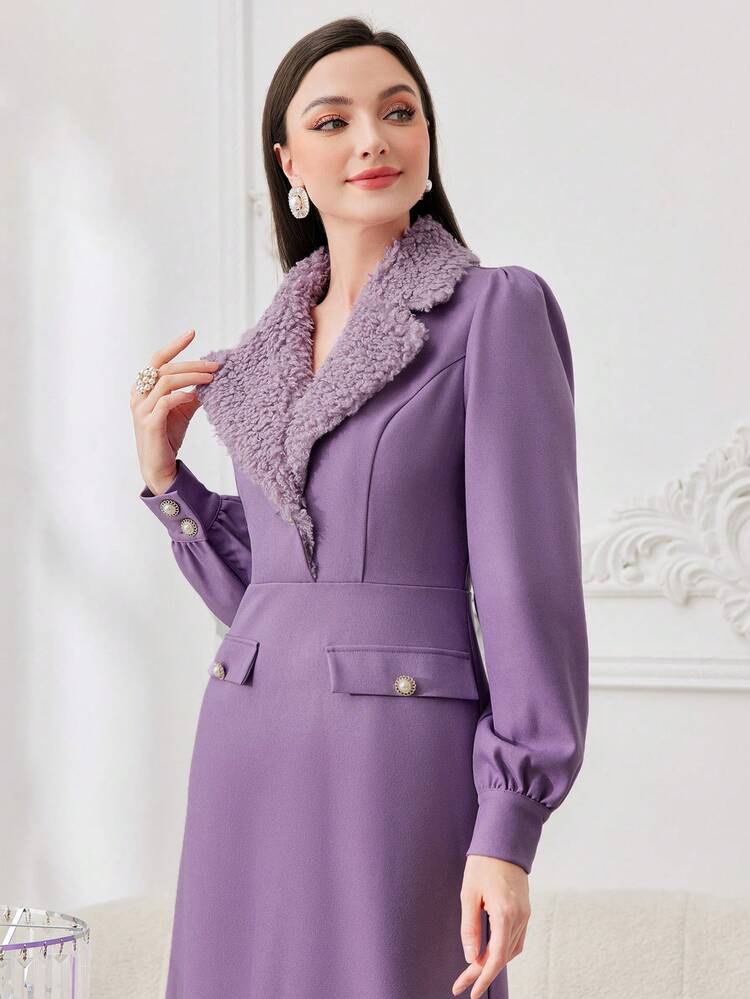 Women's Plush Collar Puff Sleeve Dress Long Evening Dresses