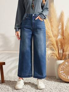 SHEIN LUNE High Waist Wide Leg Jeans - Dark Wash - View 3