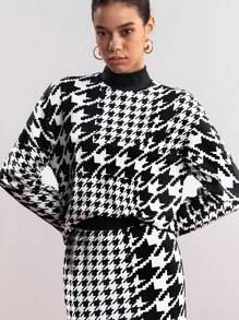 SHEIN BIZwear 女士千鸟格立领上衣和裙子套装 - 黑與白 - 查看 9