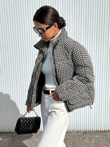SHEIN Essnce 女士休闲千鸟格短款加厚棉服长袖冬季衣服 - 黑與白 - 查看 3
