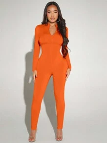 SHEIN SXY 針織修身長袖連身衣 - 橘色 - 查看 5