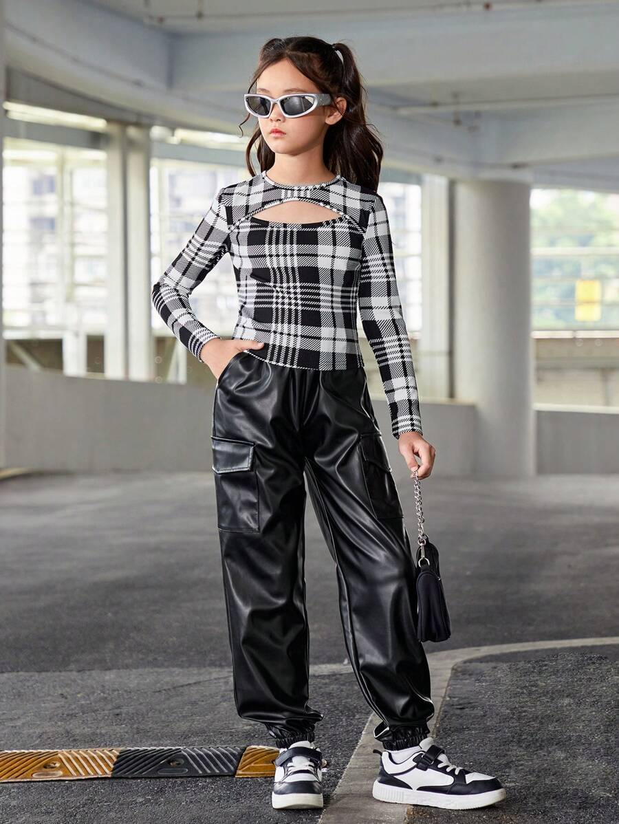 SHEIN 青少女格紋印花前開衩t恤和褲子 - 黑色 - 查看 1