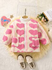 SHEIN Girls' Heart Printed Padded Coat - Pink - View 3